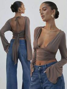 Top de manga larga con escote profundo y espalda cruzada - Negro - Ver 1