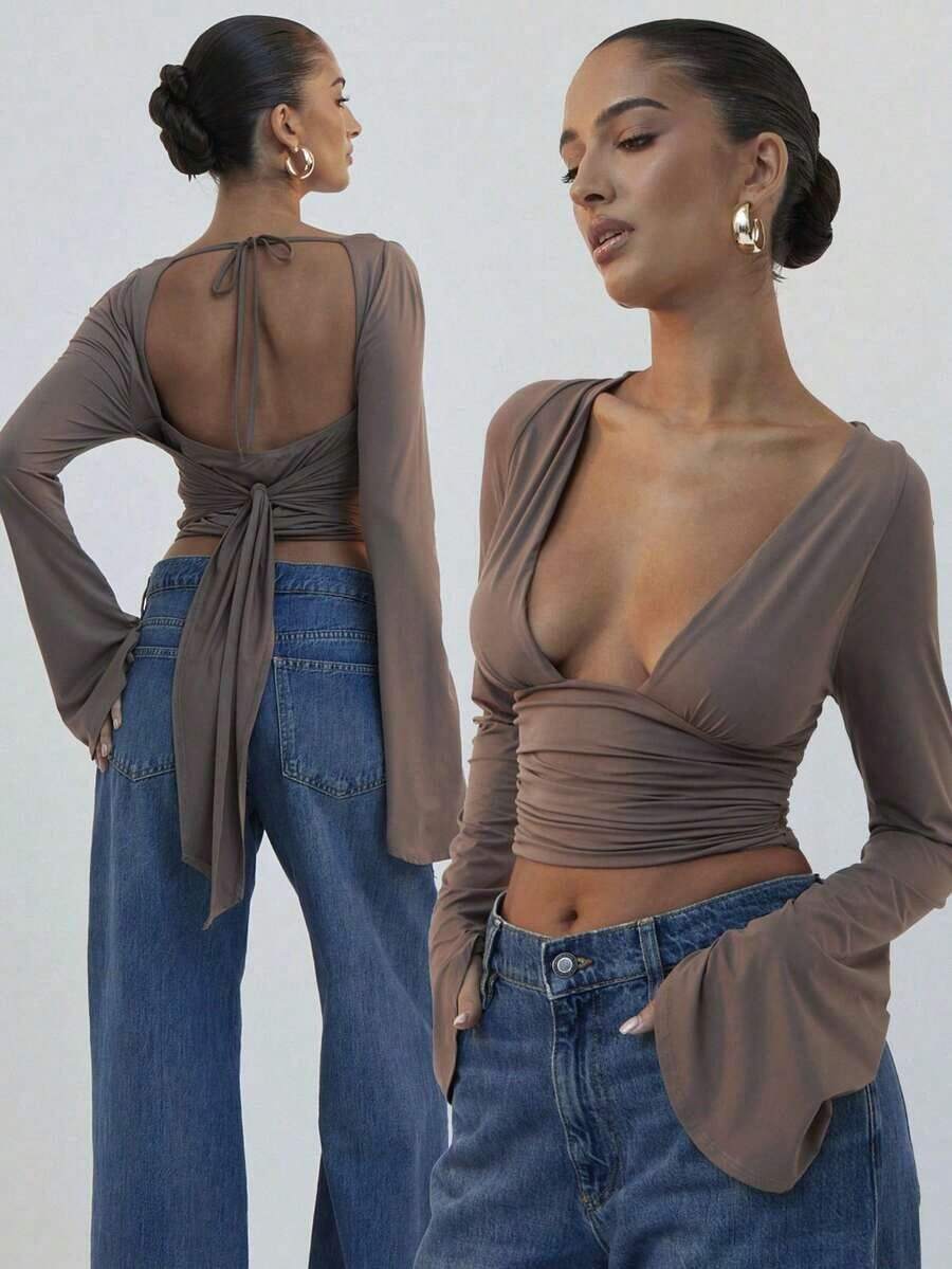 Top de manga larga con escote profundo y espalda cruzada - Negro - Ver 1