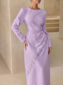 Vestido de manga larga con cintura ajustada y volantes en el bajo, estilo árabe, color morado - Morado - Ver 5
