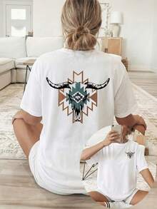 [Double-Sided Printing] Women's Loose Casual Clothing, Spring/Summer, Short-Sleeved T-Shirt With Round Neck And Geometric Cow Skull Print. - 白色 - 查看 7