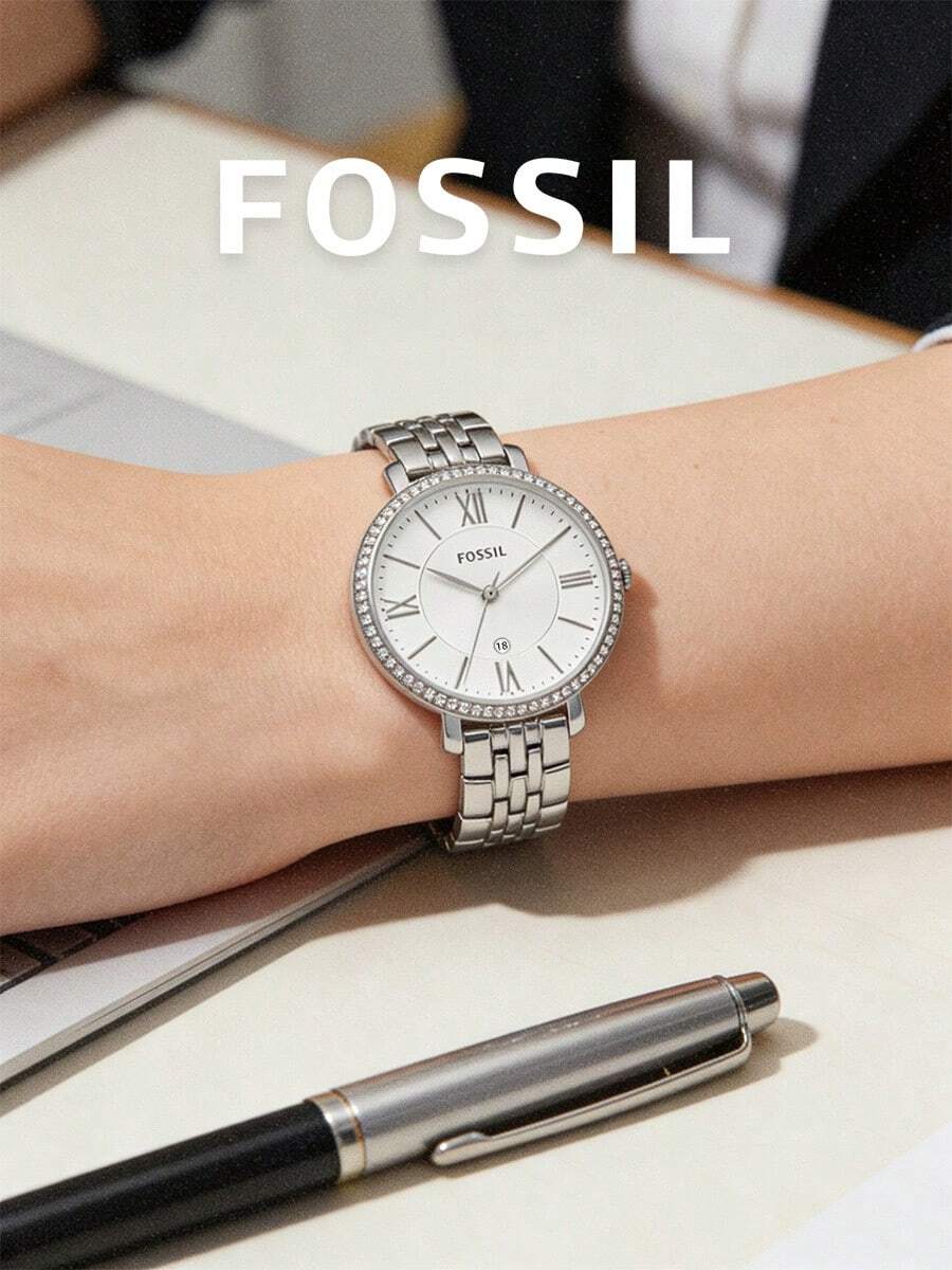 Fossil Reloj de lujo minimalista para mujer, bisel con incrustaciones de cristal, correa de acero inoxidable, esfera con números romanos blancos, pantalla de fecha, adecuado para la oficina, el trayecto y el uso diario - Plateado - Ver 1