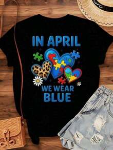 ropa de mujer conjuntos de mujer2026En abril usamos camisetas azules de concientización sobre el autismo con corazones de rombos y diseño de estampado de leopardo para el mes del autismo, en apoyo y promoción del autismo, camisetas de manga corta de algodón puro para mujer camisas de mujer - Negro - Ver 2