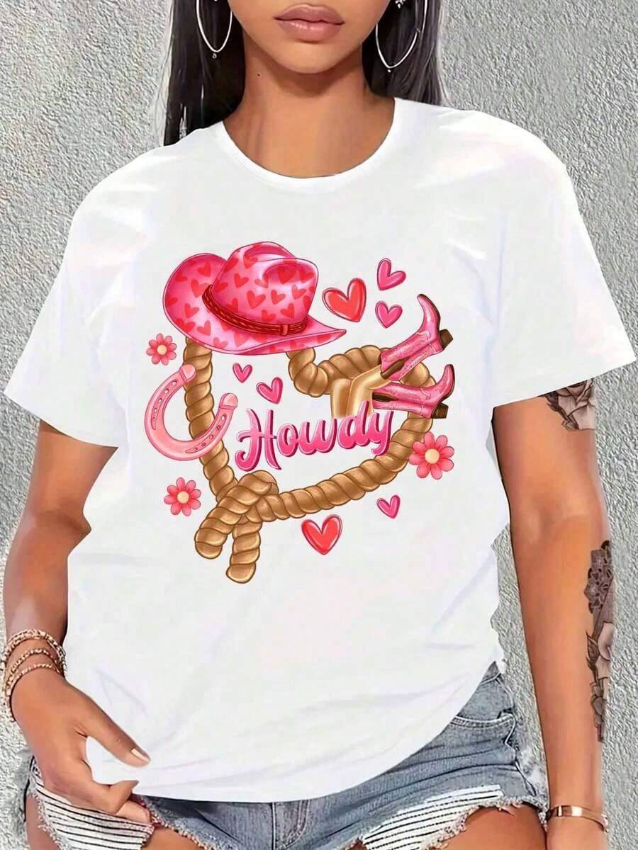 Women's T-Shirt With Pink Cowgirl Hat And Rope Design, Black T-Shirt For Women, Western Style Gift For Valentine's Day - 白色 - 查看 1