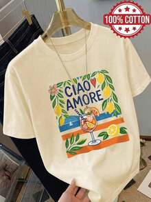 Camiseta de manga corta 100% algodón para mujer, con estampado Sweet Life, estilo casual, camiseta gráfica, tela suave, ropa de algodón, camiseta para exteriores, estampado, camiseta de verano, camiseta para mujer, top, ropa de verano, atuendo de vacaciones, estilo de viaje, estilo playero, ropa minimalista para resort. - Albaricoque 2 - Ver 6