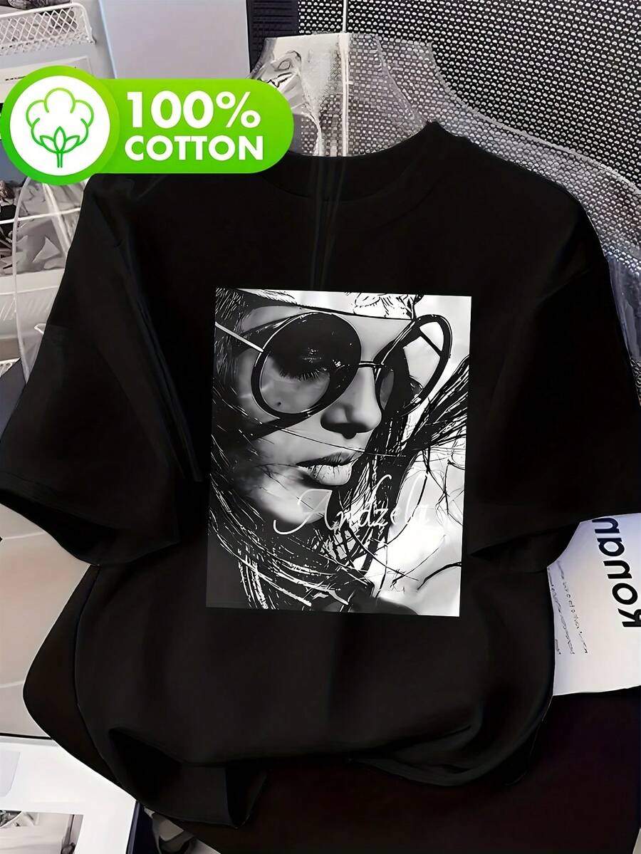 Camiseta de Mujer con Estampado Gráfico de Retrato 100% Artístico, Manga Corta, Cuello Redondo, Estilo Casual, Adecuada para Verano y Primavera, Camisetas para Salir de Mujer - Negro - Ver 1