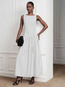 Sleeveless Maxi-Style Long Dress With Split Design And Polka Dot Print, Sleeveless A-Line Midi Dress With White Base And Black Polka Dots, Fitted High-Waisted Design, Minimalist Retro Polka Dot Element, Lightweight And Flowing Fabric, Suitable For Casual Wear, Parties Or Work, Versatile Spring And Summer Dress For Ladies - 黑色 - 查看 5