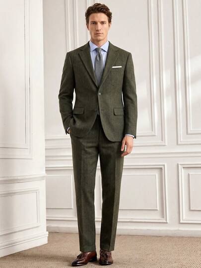 Officeau Men's 2 Pieces Suit Set, Jacket & Pants, Single-Breasted, Wool Fabric, Olive Green, XS-XXXL