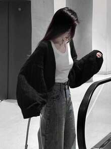 Women's Solid Color Loose Fit Lantern Sleeve Cardigan, Fashionable & Versatile Black Summer - Black - View 11