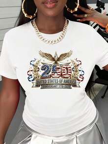 Women's Casual Short Sleeve T-Shirt, Patriotic Design With Eagle And Stars For Independence Day Celebration, 250th Anniversary Of The United States Of America 1776-2026, Women's T-Shirts - 白色 - 查看 2