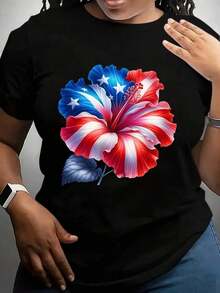 Women's T-Shirt With A Patriotic Floral Design In The Colors Of The American Flag, Perfect For Independence Day Celebrations And National Events. Casual Wear For Everyday Activities. Crew Neck Style, Modern And Versatile. Machine Washable. Suitable For All Seasons. - 黑色 - 查看 6