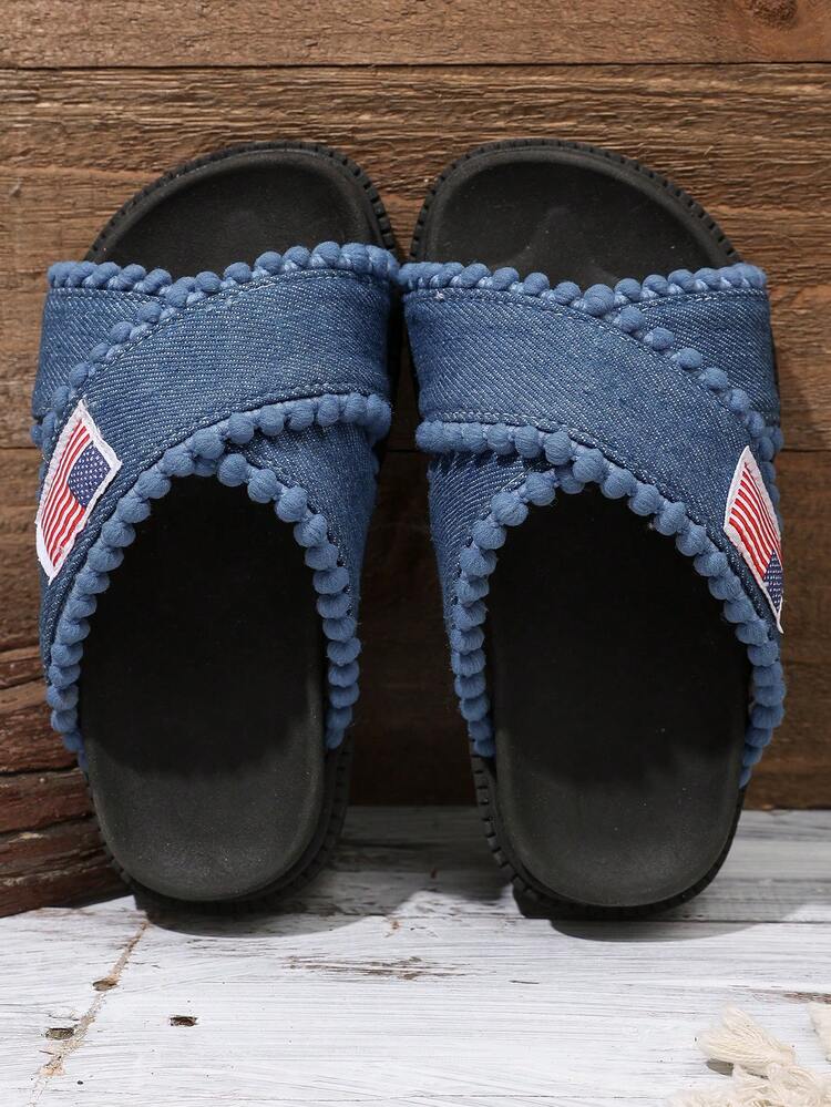 Kids' Denim-Look Flat Sandals | Criss-Cross Straps With Pom-Pom Accents - Navy Blue - View 6