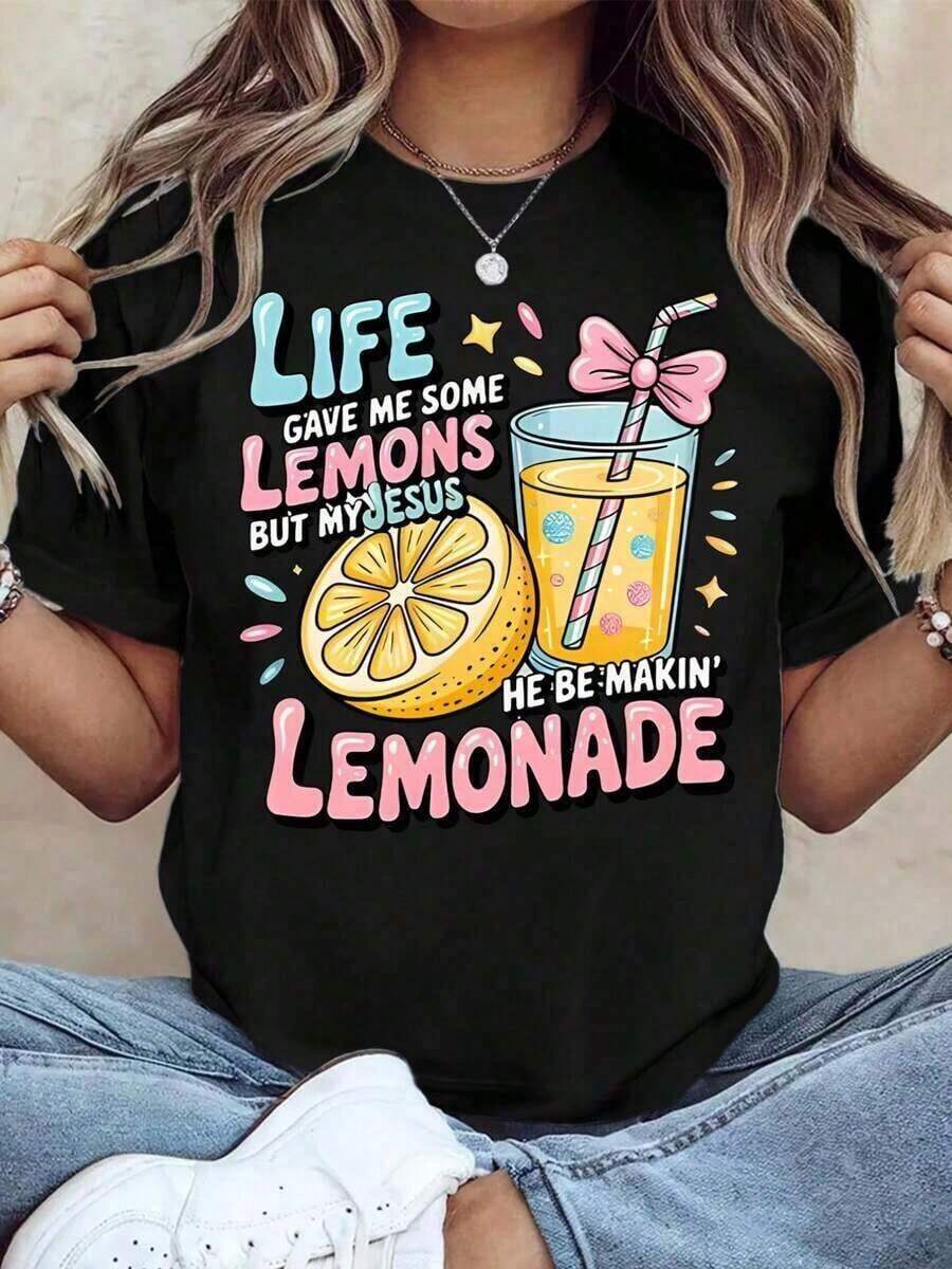 1 Piece Of Spring Clothing, Women's T-Shirts, Funny T-Shirt With Christian Faith Design - "Life Gave Me Lemons, But Jesus Made Lemonade", Design With Biblical Verse, With Lemon And Lemonade Print, Casual Short Sleeve Breathable Round Neck T-Shirt, Inspirational Christian Clothing In Light Yellow, Suitable For Church Activities And Daily Wear, Machine Washable, Suitable For Spring, Summer And Autumn, H-Shaped Cut, T-Shirt With Vibrant Religious-Themed Pattern, Suitable For Birthday Gifts, Valentine's Day And Daily Wear, Summer Graphic T-Shirts, Women's T-Shirts, 180g 100% Cotton. - 黑色 - 查看 1