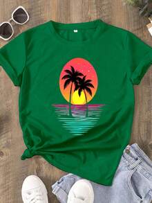 New In Fashion - BrightRetro Women's Palm Tree Sunset Print T-Shirt, Perfect For Summer And The Beach. This Casual T-Shirt Features A Tropical Print, A Crew Neck, And Short Sleeves. It's A Vintage Urban Style, Unisex, Made Of Loose-Fitting Cotton, And Has A Crew Neck. - 綠色 - 查看 1