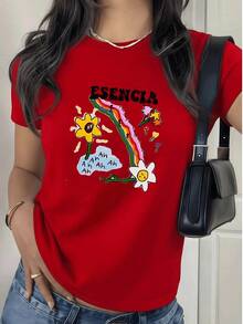 Fashionable Women's T-Shirt, Women's T-Shirt With Rainbow Print, Flowers And Letters Esencia, Casual Cut, 100% Cotton, Ideal For A Modern And Fun Look. - 紅色 - 查看 1