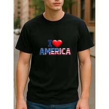 Wear Your Pride On Your Body. Stars And Stripes Wrapped Around 'AMERICA', Patriotic Sentiments, National Pride, Classic American Symbols. Men's Printed Short-Sleeve T-Shirt, High-Quality Custom One-Piece Tee, Re Fit EQWL 5NAD - 黑色 - 查看 9