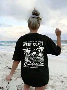 Women's 100% Cotton T-Shirt With A Sun And Beach Print Of West California, Perfect For Summer, The Beach, Music Festivals, And Vacations. It Features A Retro American Graphic Design, Making It A Great Summer And Casual T-Shirt, Ideal For Women's Vacations, With A Fun And  Design. - 黑色 - 查看 1