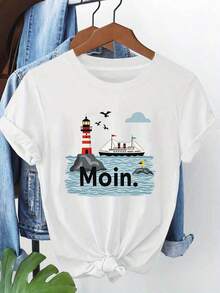 Modern Minimalist Summer Outfits For Women, Great , Women's Graphic Print T-Shirt, Casual Short Sleeve Top For Summer And Spring, Women's Clothing, Protective Phone Case, Vacation Outfits, Casual Everyday Wear For Women - 白色 - 查看 7