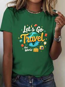 Women's Global Travel Theme T-Shirt - Short Sleeve Crew Neck T-Shirt With Prints Of The Eiffel Tower, Statue Of Liberty And Sydney Opera House - Casual Spring/Summer T-Shirt For Travelers. - 綠色 - 查看 1