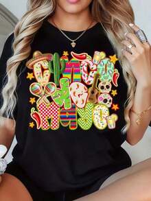Camiseta Gráfica con Temática Mexicana TrendyFiesta Time para Mujer, Linda Camiseta para Fiesta del Cinco de Mayo con Diseño de Sombrero, Cactus, Maracas y Calavera, Divertida Camiseta de Verano para Uso Diario - Negro - Ver 7