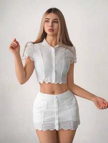 Set de 2 piezas con blusa de manga de pétalo con bordado en la cintura y falda ajustada para mujer - Blanco - Ver 3