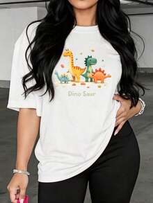 Playera Holgada para Mujer con Estampado de Dinosaurios de Dibujos Animados, Transpirable - Blanco - Ver 7