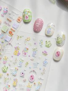 1 Sheet 3D Embossed Spring Garden Nail Stickers, Cute Flower Pot & Birdhouse Pattern, Self-Adhesive Sweet Nail Art Decals - Multicolor - View 2