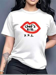 Soft Chef's Kiss T-Shirt - Short-Sleeved T-Shirt With A Round Neck And Chef-Themed Print. This Casual And Comfortable Top Is Suitable For Family Gatherings, Corporate Attire, Holiday Gifts, And Is Machine Washable. A New Summer T-Shirt For Women, This Casual And Comfortable Top Features A Round Neck. - 白色 - 查看 7