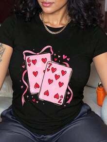 Limited Time Offer, Limited Quantity Available, Lightning, Women's Shirts, Women's T-Shirts. Fun Short-Sleeved T-Shirt With A Round Neck And A Print Of The Six And Seven Of Hearts From A Deck Of Cards. Casual And Versatile, It's A Great Gift Choice For A Romantic Date. - 黑色 - 查看 10
