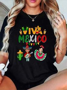 New 2026 Camisetas Para Mujer,Camiseta México Festiva Celebración Cultura Tradicional Diseño Colorido Casual Unisex Negro Moda Mexicana Ropa Popular - Negro - Ver 6