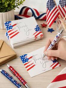 20pcs Independence Day Themed Writing Set, Including Patriotic Style Pen And Thank You Cards; Retractable Pen; Independence Day Party Favor Stationery Set; Black Ink Pens With Firework And Bow Patterns; Suitable For Holiday Notes And Daily Use; Classroom Rewards; Teacher Gifts; Independence Day Supplies (Assorted Styles Sent Randomly) - Independence Day Bow Ballpoint Pen Set - View 8