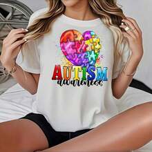 2026 Camiseta Blanca de Manga Corta con Estampado de Rompecabezas de Corazón para Concientización sobre el Autismo, Ropa Casual, Blusas para Mujer Casual - Blanco - Ver 9