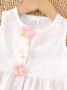 2pcs Baby Girls Elegant Hollow Floral Trim Vest Top And Pink Jacquard Pants Set, Cute Spring/Summer Outfit - White - View 3