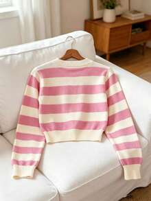 Women's Casual Minimalist Striped Teddy Bear Pattern Cropped Knit Top, Long Sleeve Round Neck Ribbed Contrast Color Cute Pullover Sweater Pink Fall - Pink - View 7