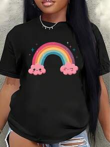Short-Sleeved Polyester T-Shirt, Decorated With Cute Rainbow And Cloud Patterns, Lightweight And Durable, Suitable For Casual Wear At Home Or Outdoors, An Ideal Choice For Comfortable Everyday Wear In The Living Room Or A Coffee Shop. Women's Casual Blouse - 黑色 - 查看 1