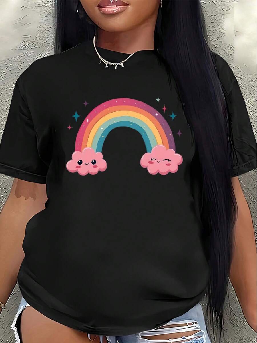 Short-Sleeved Polyester T-Shirt, Decorated With Cute Rainbow And Cloud Patterns, Lightweight And Durable, Suitable For Casual Wear At Home Or Outdoors, An Ideal Choice For Comfortable Everyday Wear In The Living Room Or A Coffee Shop. Women's Casual Blouse - 黑色 - 查看 1