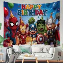 1pc M-Arvel Superheroes Birthday Tapestry, Cute Cartoon S Pider Man, I-Ron Man, C Aptain A Merica, H Ulk & Thor Team, Backdrop With 'Happy Birthday' Cake Graphic, Balloons & Party Cones, Vibrant Comic Style Wall Hanging For Party Decor, Photo Booth Props, Home Celebration Decoration, Epic Pop Culture Themed Event Supply - Xem 8