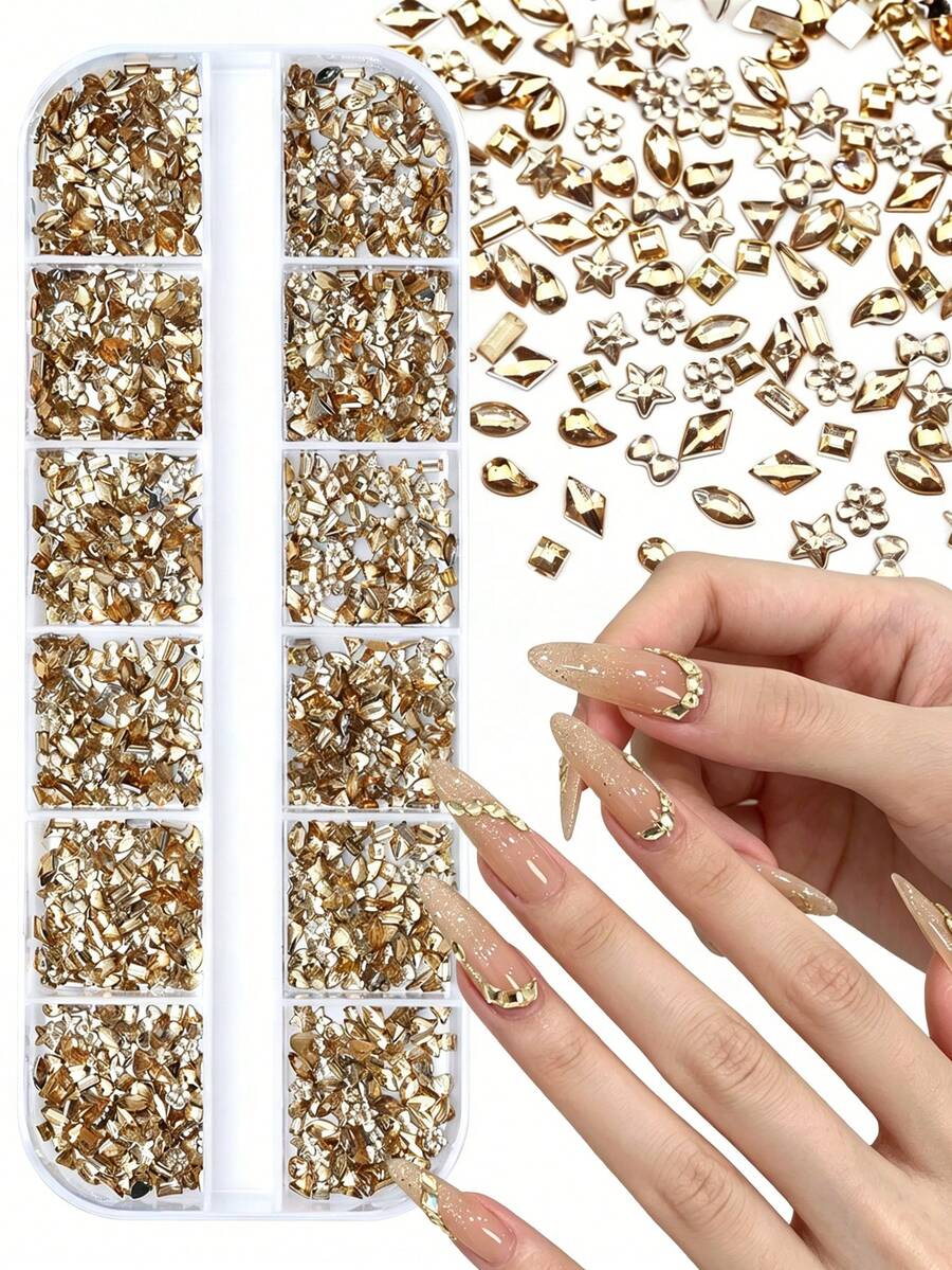 12 ô đính đá trang trí móng tay hình dạng hỗn hợp, nhiều kích cỡ, đá pha lê dẹt, phụ kiện trang trí móng 3D lấp lánh, phụ kiện làm móng DIY phong cách Y2K cho salon và sử dụng tại nhà. - Rượu sâm banh - Xem 1