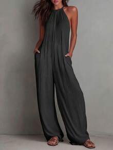 White Wide-Leg Jumpsuit With Pleats And Open Back, Perfect For A Holiday Look. - Black - View 8
