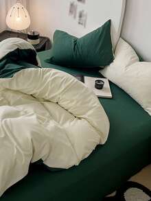 New Solid Color Patchwork Nordic Style Simple Polyester Duvet Cover 3 Pieces Set - Dark Green - View 6