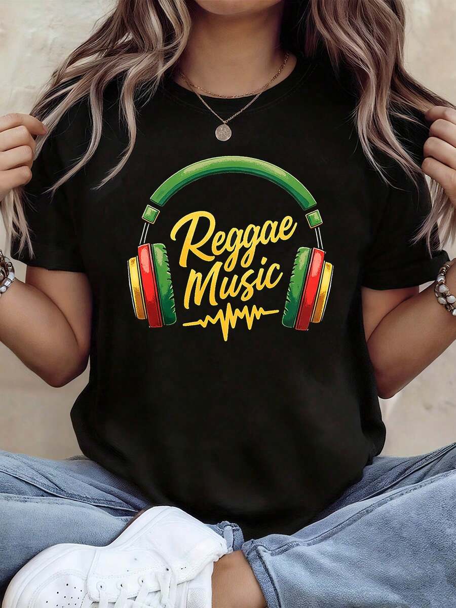 Camiseta de mujer de manga corta y cuello redondo con estampado gráfico de estilo musical reggae de moda para primavera-verano, ocio diario, regalo de festividades - Negro - Ver 1