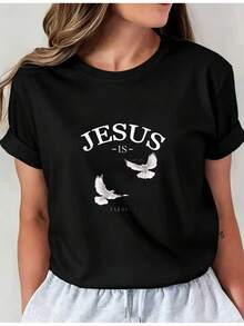 Camiseta Deportiva Casual para Mujer - Camiseta Negra Elástica de Cuello Redondo con Ilustraciones de Paloma Blanca JESÚS AMOR, Lavable aáquina, Ajuste Cómodo y Perfecta para Todas las Estaciones, para un Look Casual y Espiritual. - Negro - Ver 6