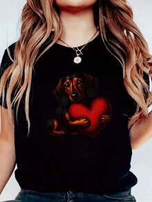 Mujer Camiseta Blanca con Perro Dachshund Sosteniendo Cclothesazón Rojo Estampado Diseño de Amclothes para Mujeres Moda Casual Verano 2024Pure-Cotton - Negro - Ver 8