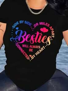 Camiseta casual para mujer, una blusa de manga corta para actividades diarias, con el eslogan "Besties" y un motivo de corazón, adecuada para vacaciones. - Negro - Ver 7