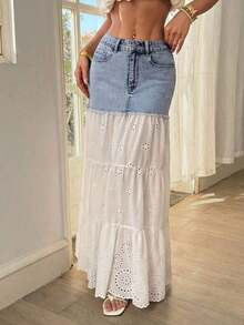 Minifalda de mezclilla casual de mujer con bordado y parches calados - Multicolor - Ver 6