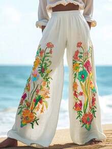 Pantalones anchos de mujer con estampado floral para vacaciones - Blanco - Ver 6