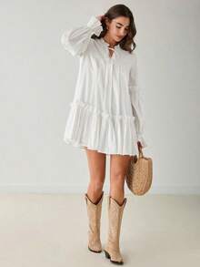 Romantic Black Ruffled Casual Dress With A Sweetheart Neckline, Perfect For Spring/Winter. A Sweet And Elegant Outfit For Valentine's Day, Christmas Parties, New Year's, Birthdays, Holidays, Dates, And Everyday Wear. - 白色 - 查看 11