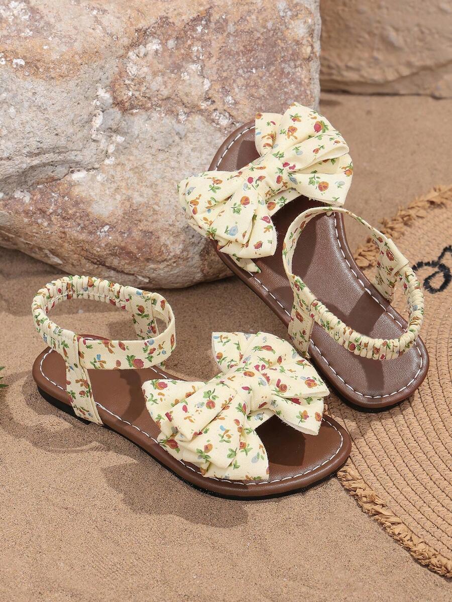 1 Pasang Sandal Datar Anak Perempuan/Pria Lembut dan Nyaman dengan Motif Bunga dan Pita, Desain Slip-On Elastis, Sepatu Pantai Gaya Pedesaan yang Lucu, Cocok untuk Sehari-hari, Sekolah, Pantai, Musim Semi/Panas - Aprikot - View 1