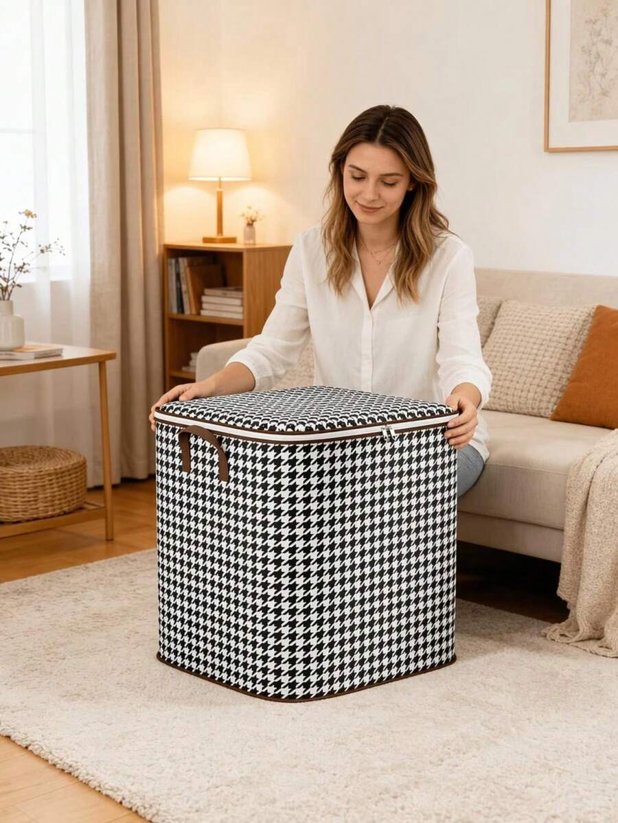 1pc Dustproof Handheld Double Zipper Storage Bag, Suitable For Home Bedroom, School, Moving, Travel, Large Household Storage Bag With Zipper And Wide Opening, Foldable, Large Capacity Laundry Storage Bag | Houndstooth Pattern Moving Bag | Multiple Sizes To Meet Different Needs | Reinforced Handles And Zippers | Thickened Material Durable And Sturdy | Ideal Choice For Moving And Storage