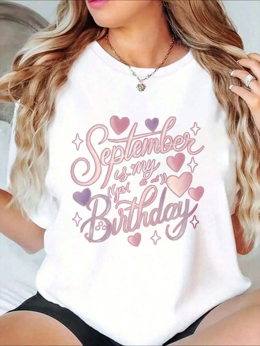 Women's "September Is My Birthday" Graphic T-Shirt, Celebrate Your Birth Month With Heart And Star Design, Perfect For Birthday Gifts And Special Occasions - Vintage Urban Style, Unisex, Cotton, Short Sleeve, Crew Neck, 100% Cotton - 白色 - 查看 1