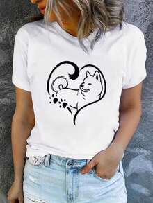 Casual Round Neck T-Shirt, Plus Size T-Shirt For Women, Printed T-Shirt For Women, Printed With A Cute Shiba Inu Heart Shape With Paws - Fun Print, Machine Washable, Casual And Versatile, Loose And Comfortable, A Perfect Gift For A Good Friend. - 白色 - 查看 1